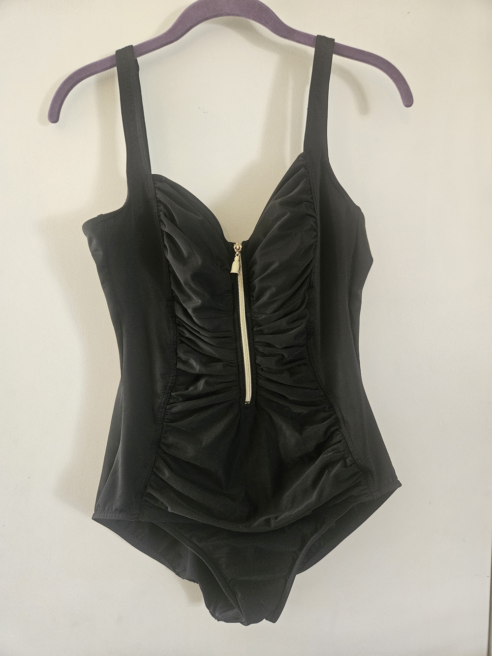 Miraclesuit Black One-Piece with Front Gold Zip and Ruching